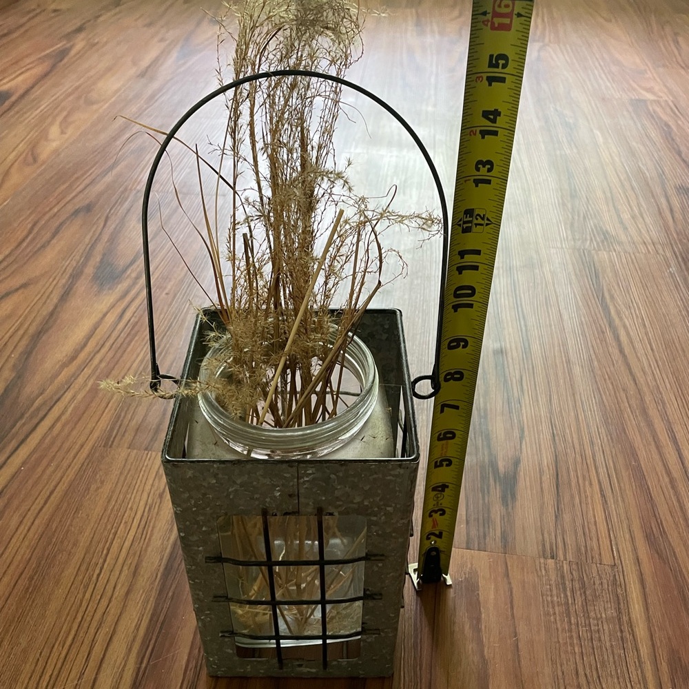 Rustic Metal / Glass Lantern with Dried Grass
